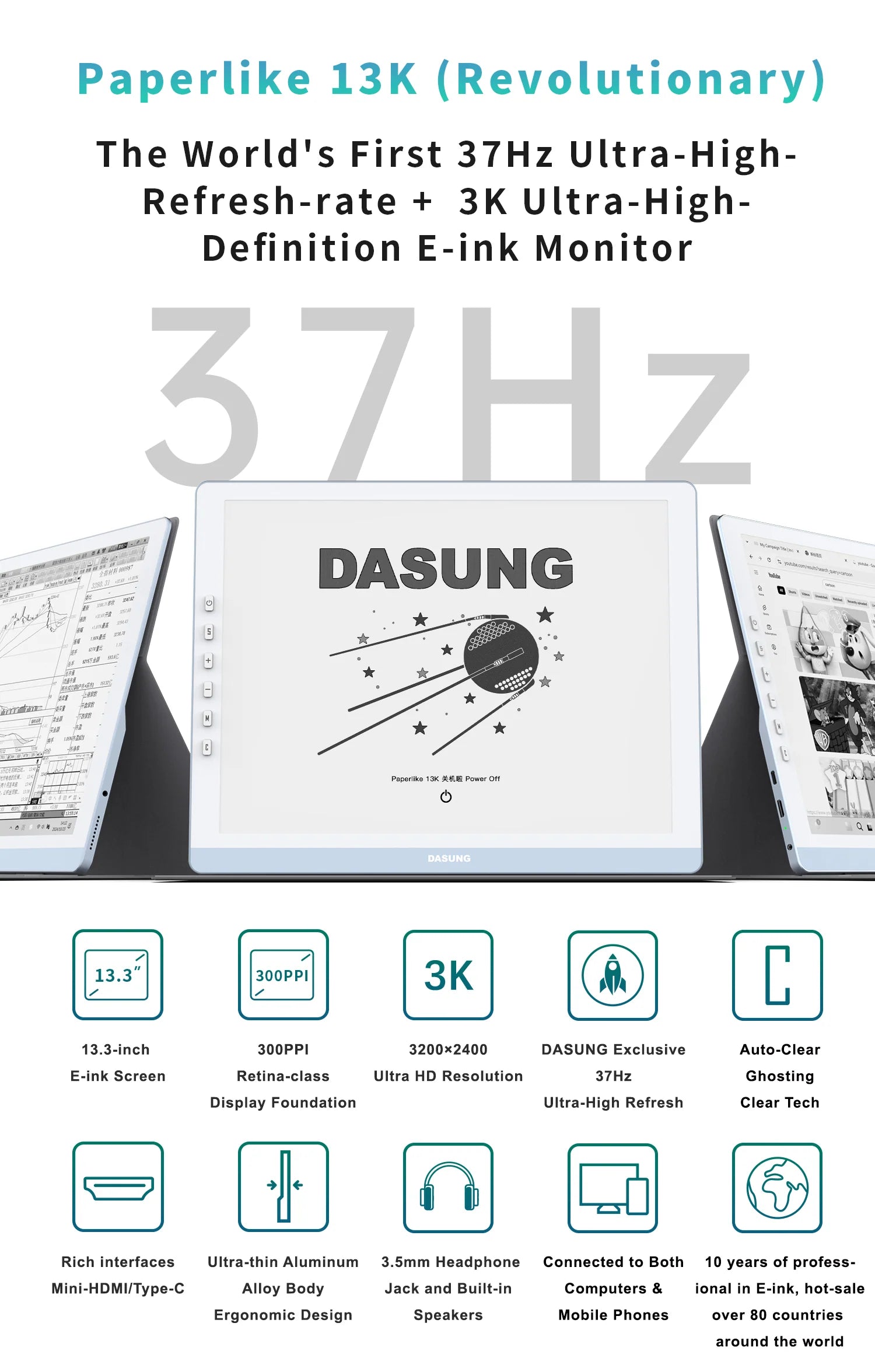 DASUNG 13.3" 13K Black & White E-Ink Monitor - 37Hz